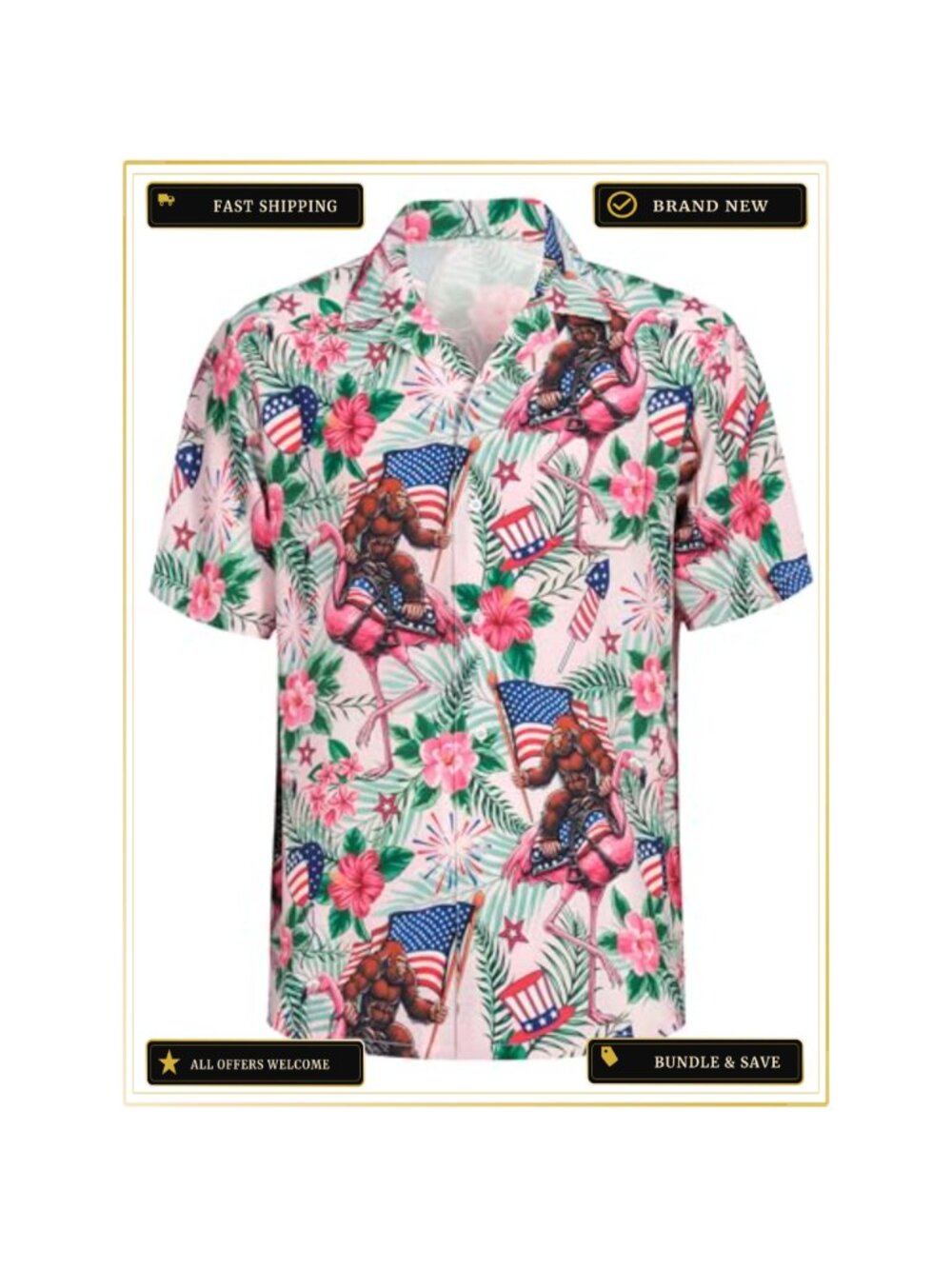 Men Hawaiian Button Up Shirt Bigfoot Flamingo Novelty Tropical Summer